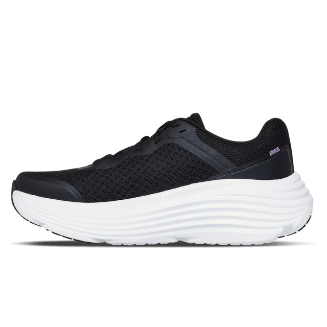 Black running shoe with white sole on a white background