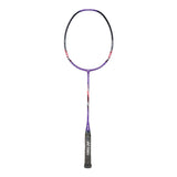 Unstrung Yonex Nanoflare badminton racket with purple, red, and gray colors