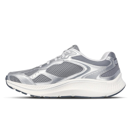Gray and white running shoe on a white background
