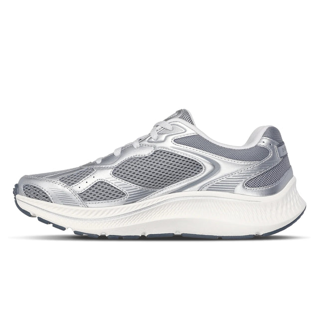 Gray and white running shoe on a white background