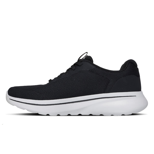 Black running shoe with white sole on a white background