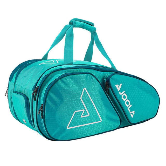 Teal sports bag with a logo on a white background