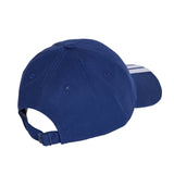 Blue baseball cap with a white stripe on a white background