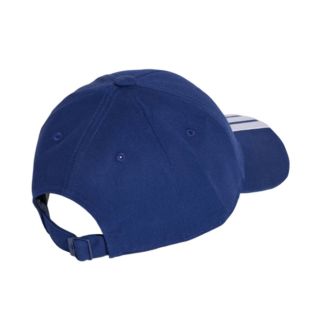 Blue baseball cap with a white stripe on a white background