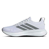 White running shoe with three gray stripes on a white background