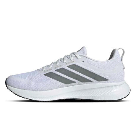 White running shoe with three gray stripes on a white background