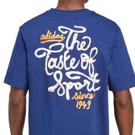Blue t-shirt with Adidas logo and text on the back