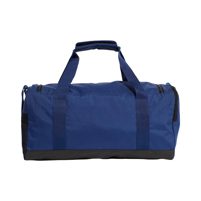 Blue duffel bag with black accents on a white background