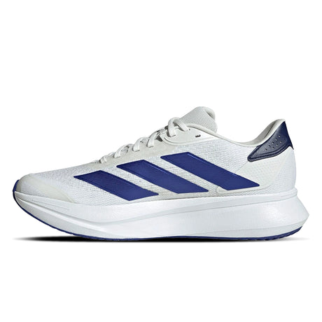 White running shoe with blue stripes on a white background