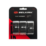 Selkirk pickleball overgrip packaging with three black overgrips on a white background