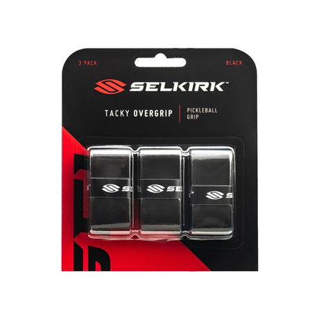 Selkirk pickleball overgrip packaging with three black overgrips on a white background