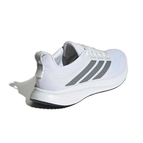 White running shoe with gray stripes on a white background