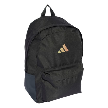 Black backpack with a brand logo on a white background