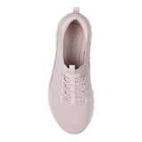Pink sneaker with 'Skechers' branding on a white background