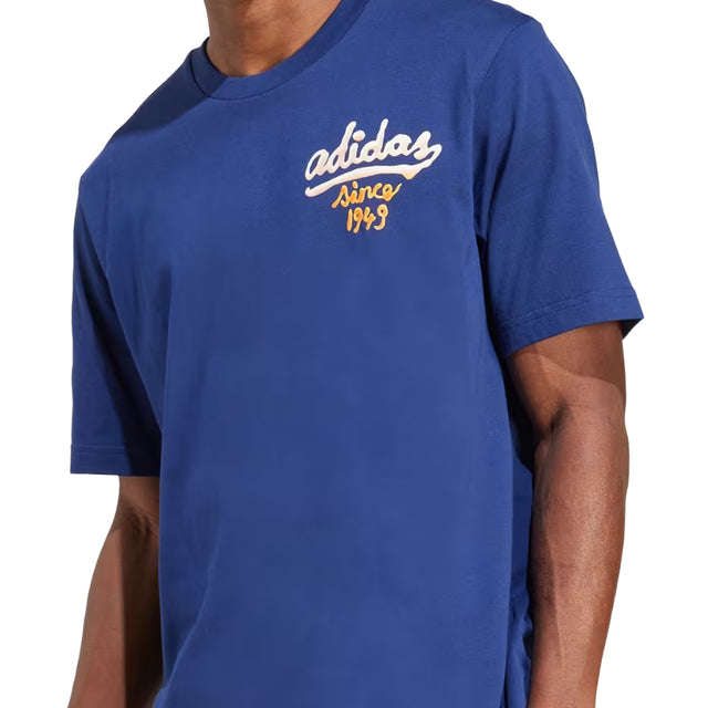 Blue Adidas t-shirt with white and yellow text on a white background