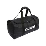 Black duffel bag with Adidas logo on a white background