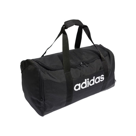 Black duffel bag with Adidas logo on a white background