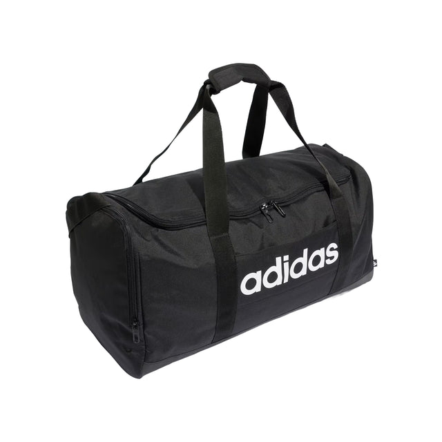 Black duffel bag with Adidas logo on a white background
