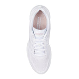 White sneaker with brand logo on a white background