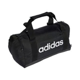 Black duffel bag with Adidas logo on a white background