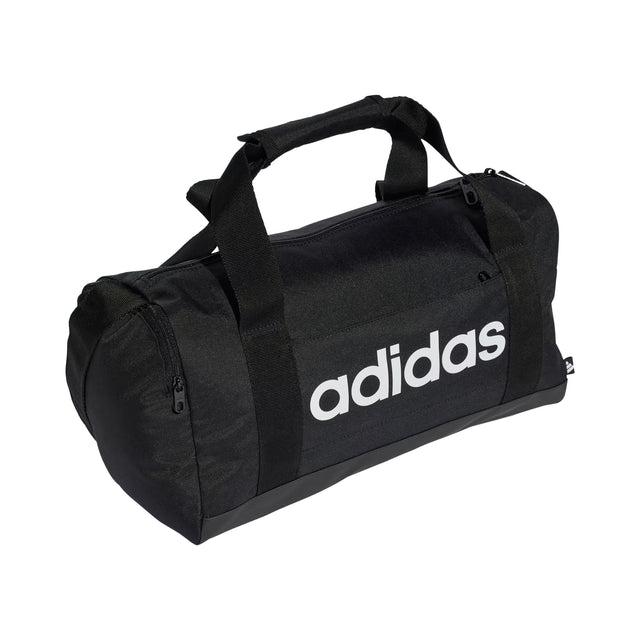 Black duffel bag with Adidas logo on a white background