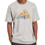 Gray t-shirt with a cartoon design of a character with buildings on a white background