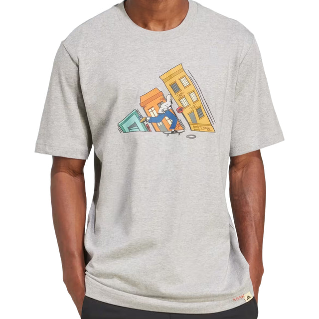 Gray t-shirt with a cartoon design of a character with buildings on a white background