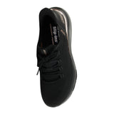 Black athletic shoe with brand logo on a white background