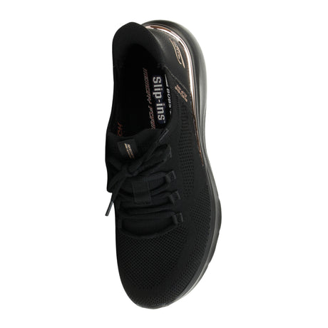 Black athletic shoe with brand logo on a white background