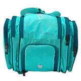 Turquoise travel bag with multiple compartments on a white background