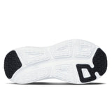 Close-up of a white sneaker sole with black accents on a white background