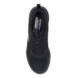 Black sneaker with 'Skechers' branding on a white background