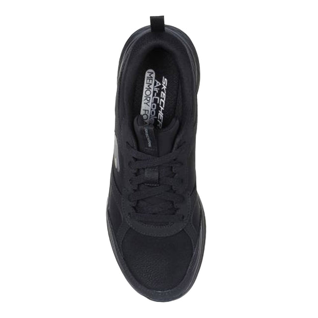 Black sneaker with 'Skechers' branding on a white background