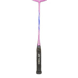 Unstrung Yonex badminton racket with a blue and pink frame, and a black grip.