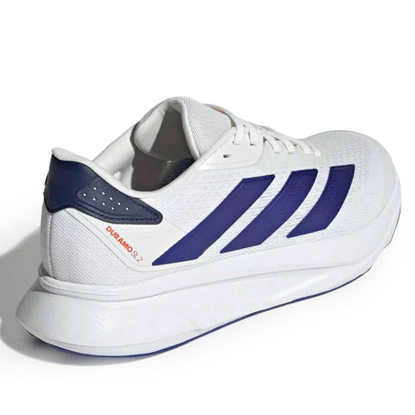 White running shoe with blue stripes on a white background