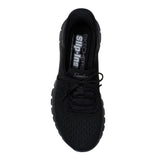 Black sneaker with 'Skechers' branding on a white background
