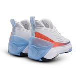 White basketball shoes with blue and orange accents on a white background