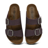 Pair of brown sandals with buckles on a white background