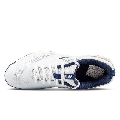 White and blue sneaker with visible brand logo on a white background