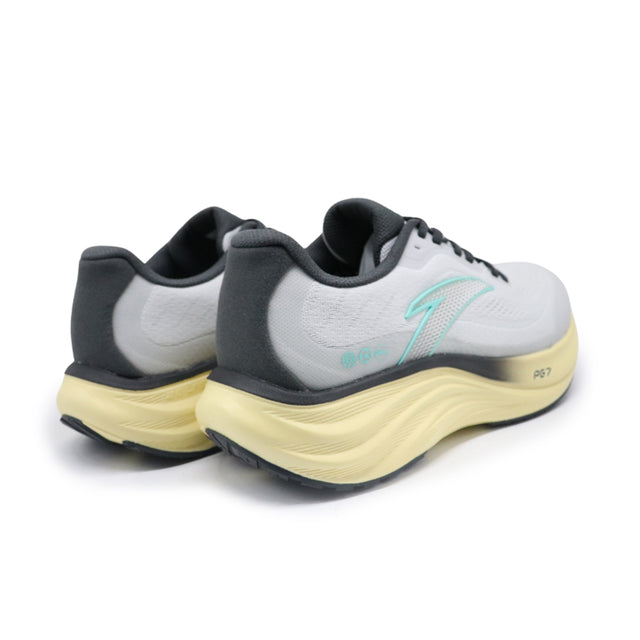 Pair of running shoes with gray, black, and beige color scheme on a white background