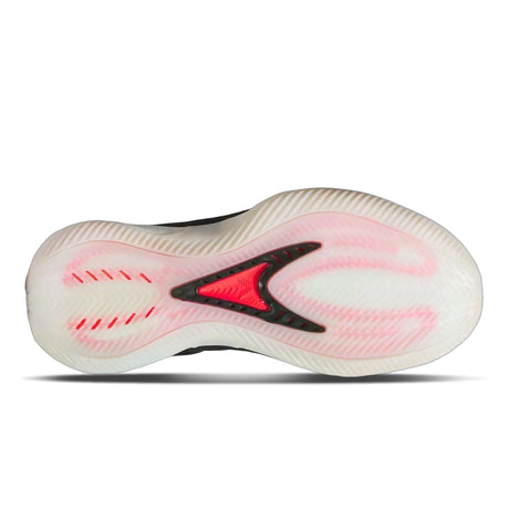White athletic shoe with pink sole and black swoosh logo on a white background