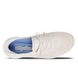 White sneaker with blue interior on a white background