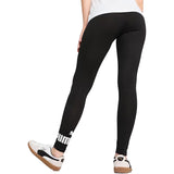 Person wearing black leggings with a white logo on a white background