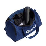 Blue Adidas duffel bag with a black water bottle and phone inside on a white background