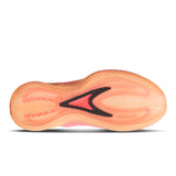 Coral-colored shoe sole with a brand logo on a white background