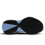 Close-up of a basketball shoes sole with black and blue design on a white background