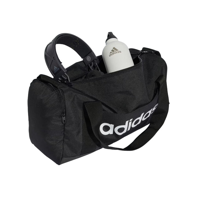 Black Adidas duffel bag with a water bottle on a white background