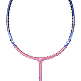Unstrung Yonex badminton racket with a blue and pink frame, and a black grip.