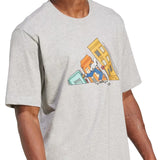 Gray t-shirt with a graphic design of a cartoon character on a white background