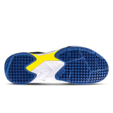 Close-up of a shoe sole with blue and yellow design on a white background